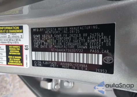 2025 Toyota Camry Le из США, поврежденный, VIN 4T1DAACK7SU207722